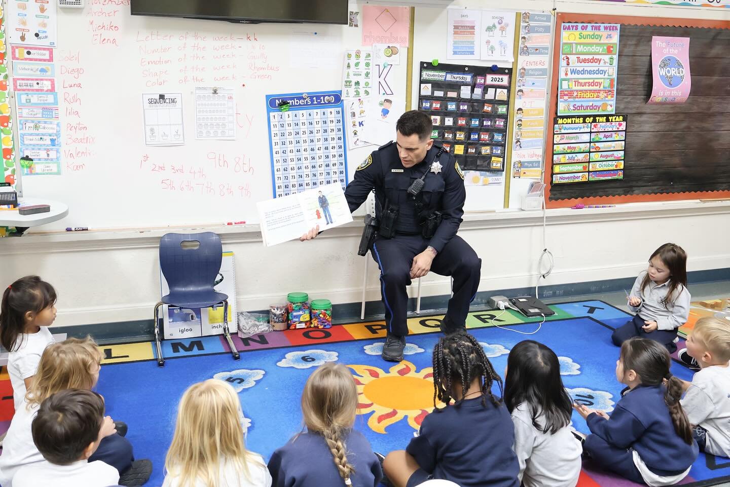 Yesterday, our TK and Kindergarten students had a special visit from very kind police officers of the Santa Clara Police Department! 

These officers read a story to the class that talked about police&rsquo;s role in our lives, as well as different p