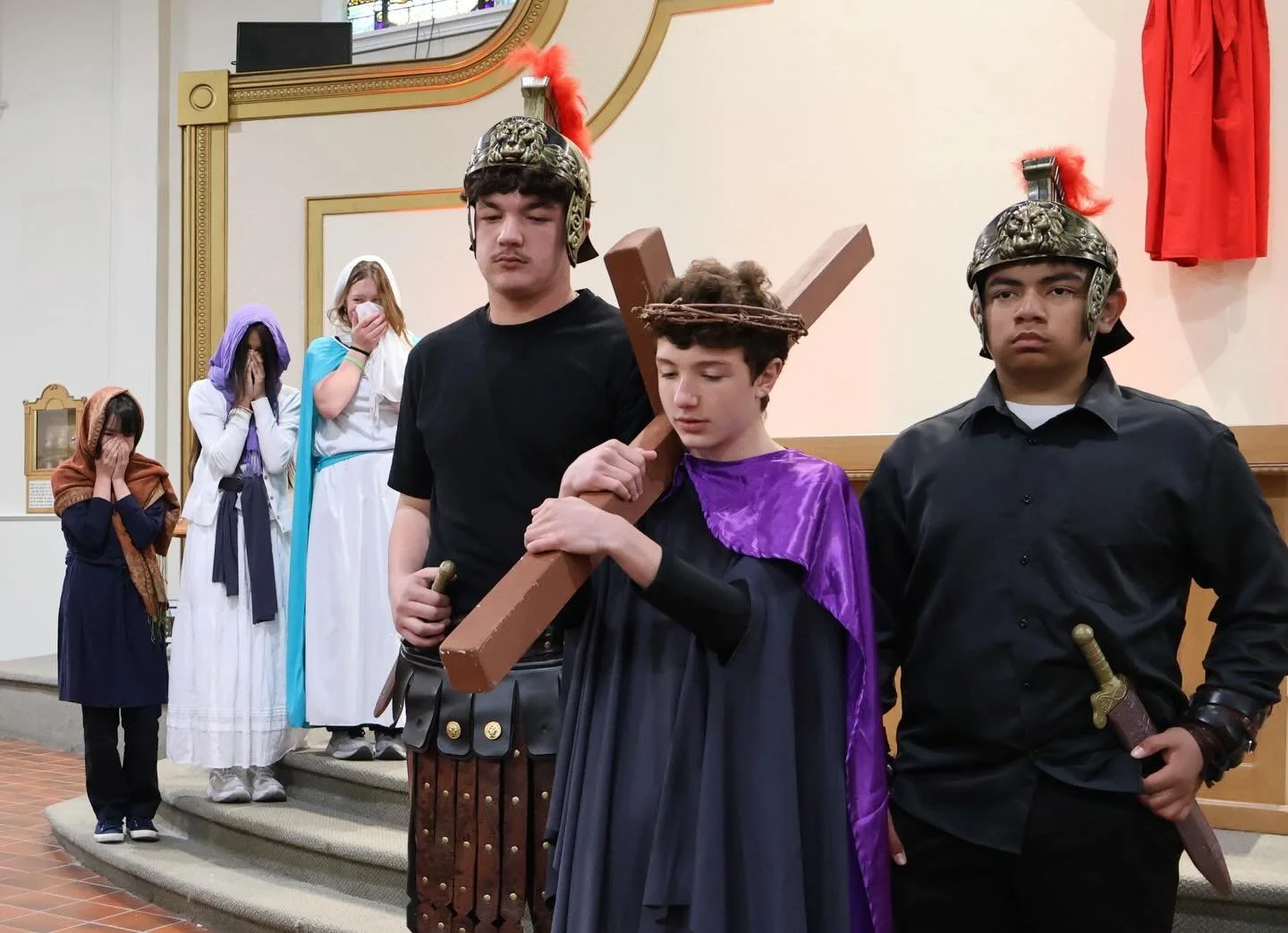 Today, our 8th graders did an outstanding job performing the annual Passion Play!

In front of our student and parent communities, they reenacted the major events of Holy Week, including Jesus&rsquo;s arrival to Jerusalem, The Last Supper, Jesus&rsqu