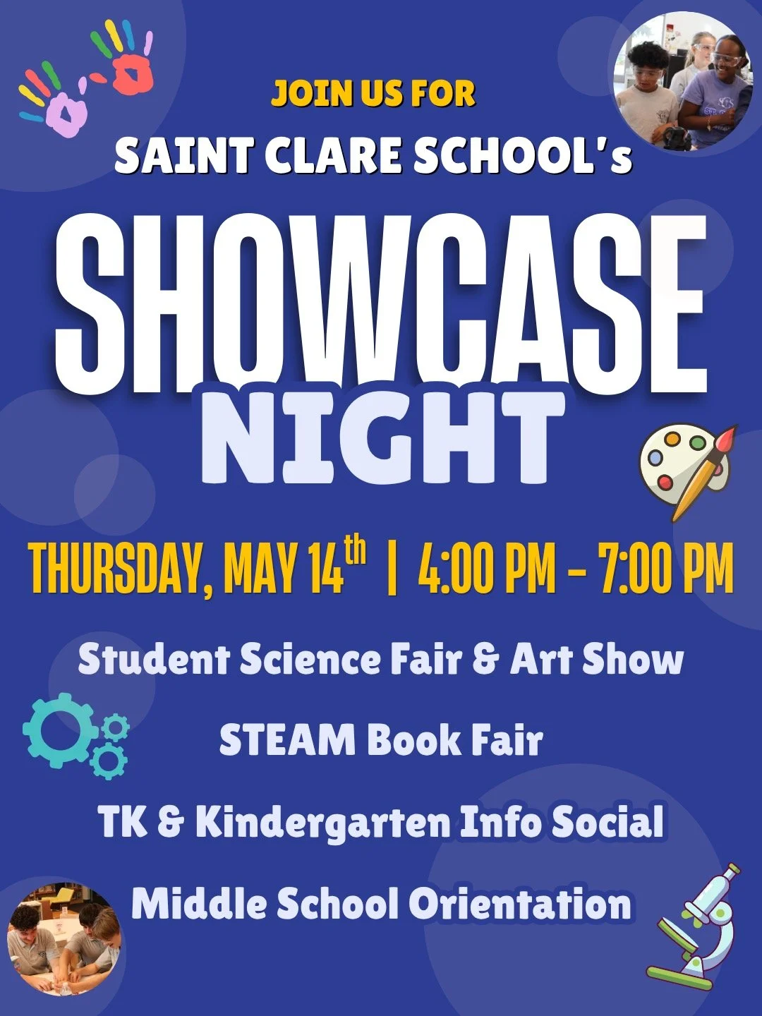 Already looking ahead to next school year? Want to learn more about Saint Clare School? Join us at our first ever Showcase Night!

Current, new, and prospective families are invited to campus on Thursday, May 14th to see our annual Student Science Fa