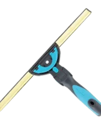 A window cleaning squeegee with a blue and black handle and a long metal blade.