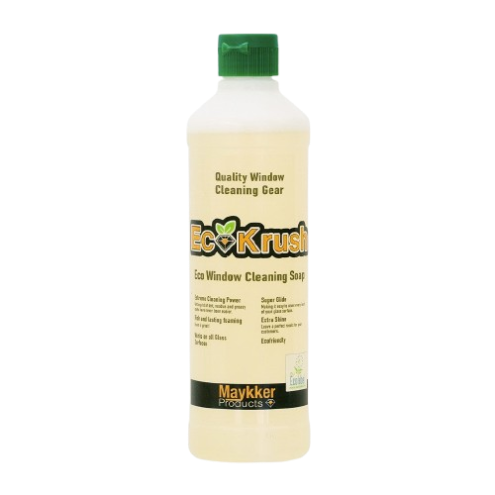 Bottle of Eco Window Cleaning Soap with green cap and label reading Eco Krush and Maykker Products