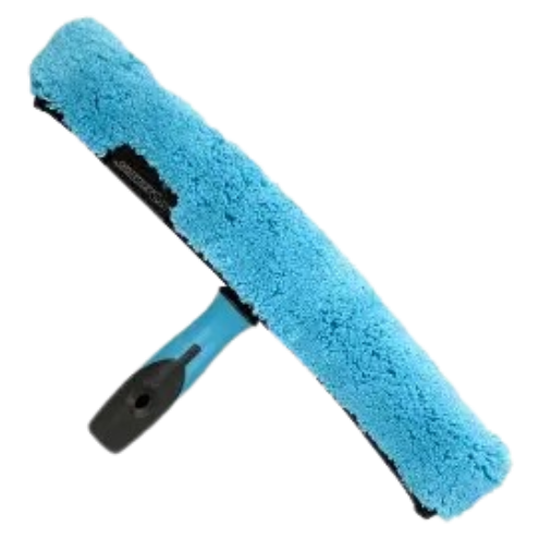 A blue and black paint roller with a fuzzy roller cover and a black handle.