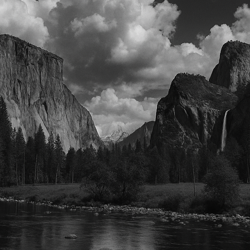 Black and white photo of a river flowing through a valley with tall mountains on either side and a sky filled with clouds.
