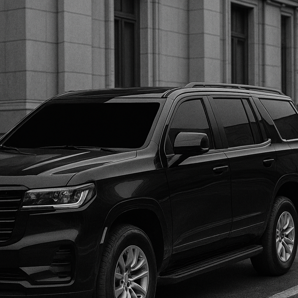 Black SUV parked in front of a stone building with tall windows
