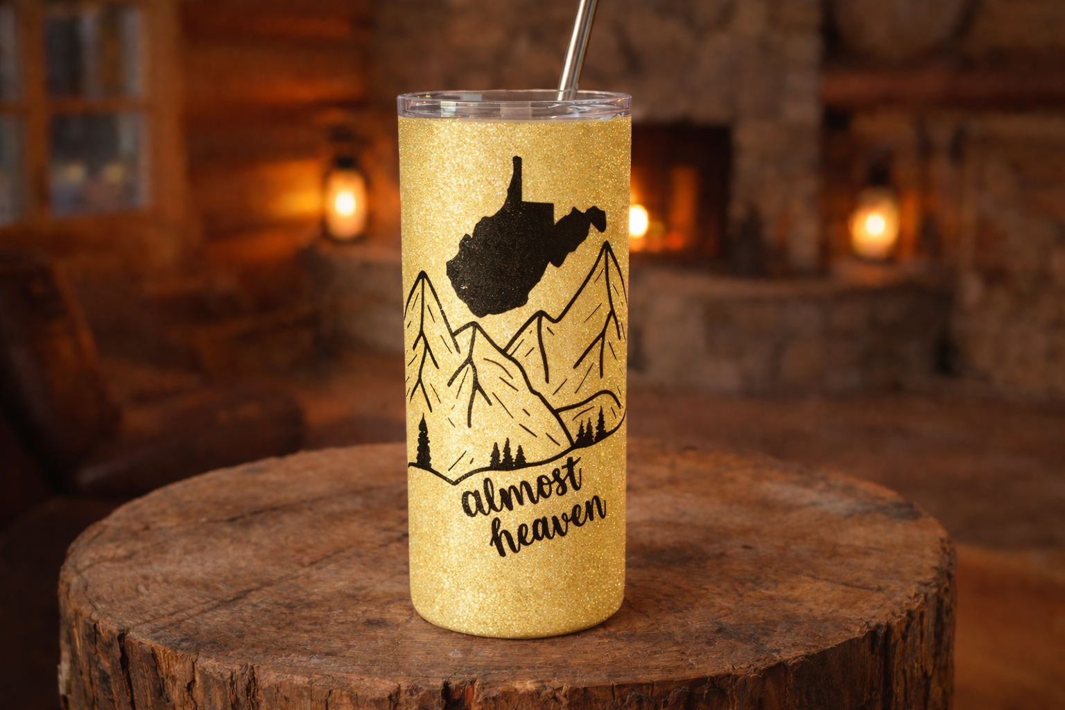 Almost Heaven black on gold tumbler.png