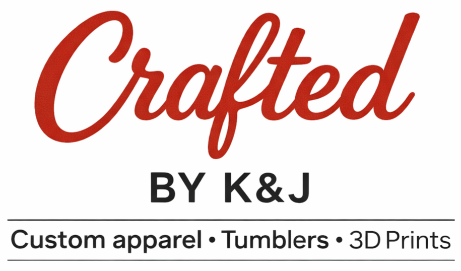 Logo for Crafted by K&J, offering custom apparel, tumblers, and 3D prints.