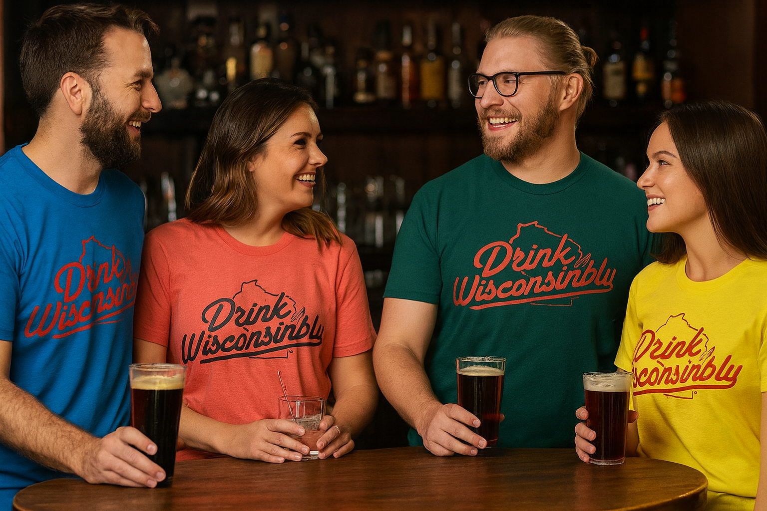 Four friends in colorful t-shirts are smiling and drinking beer at a bar, with a bar background behind them.