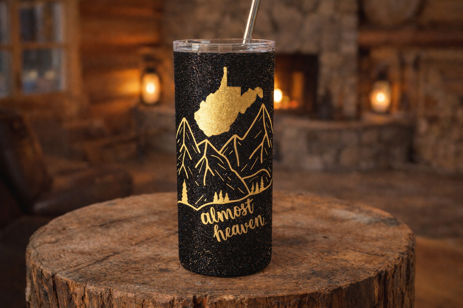 Almost Heaven gold on black tumbler.png