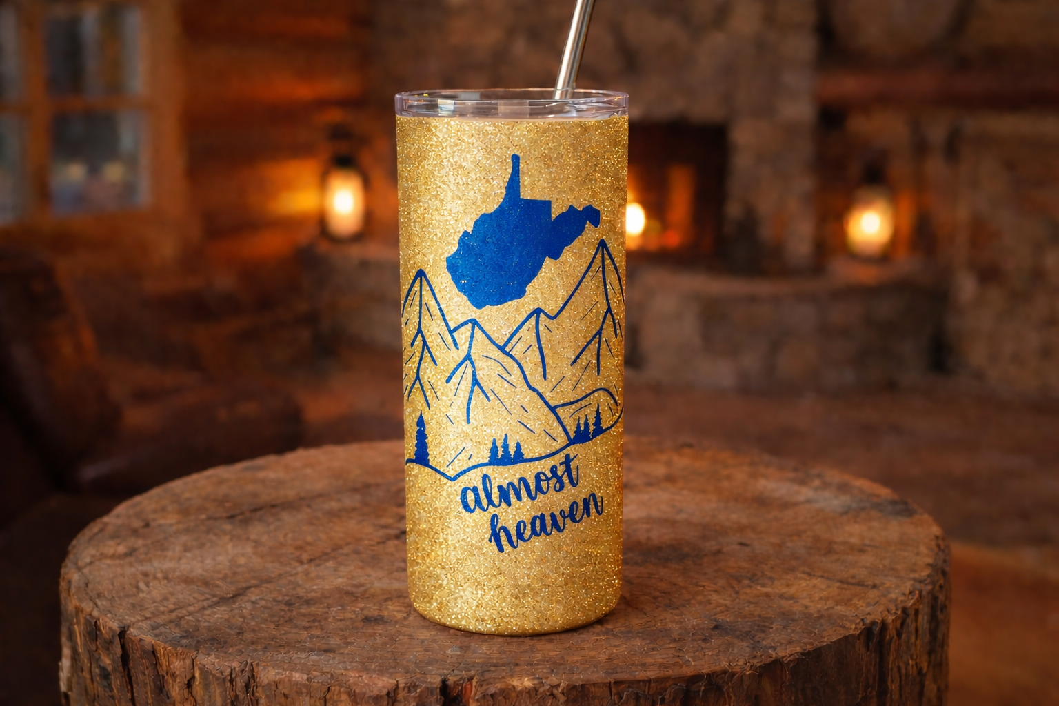 Almost Heaven blue on gold tumbler.png