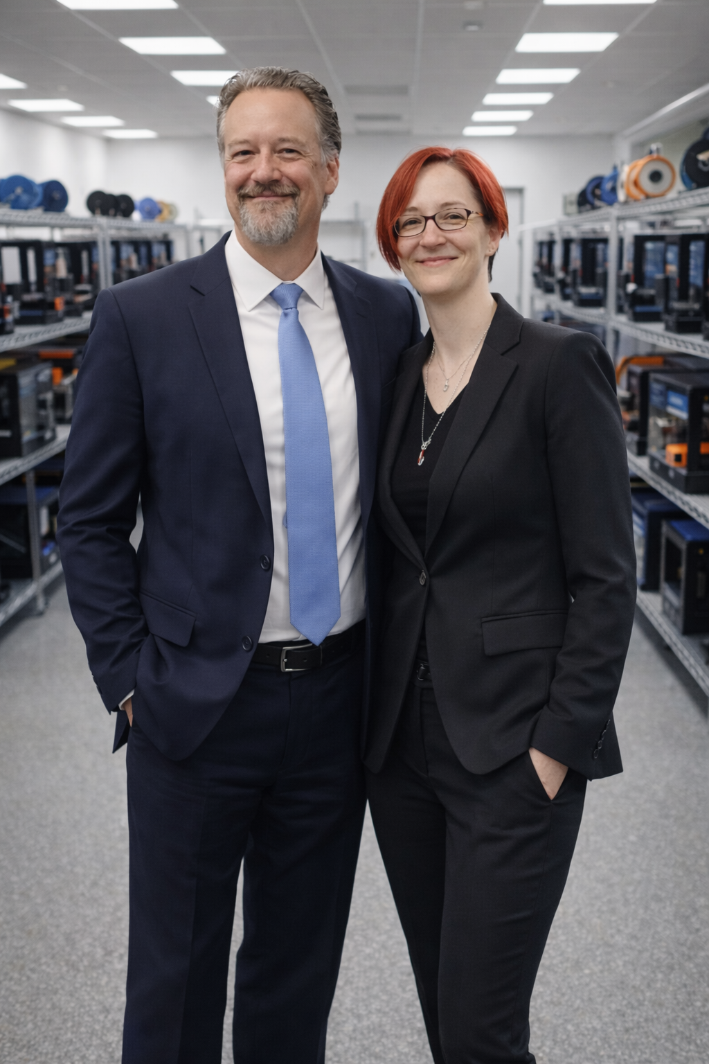 Kevin and Jen showing off the 3D Print farm