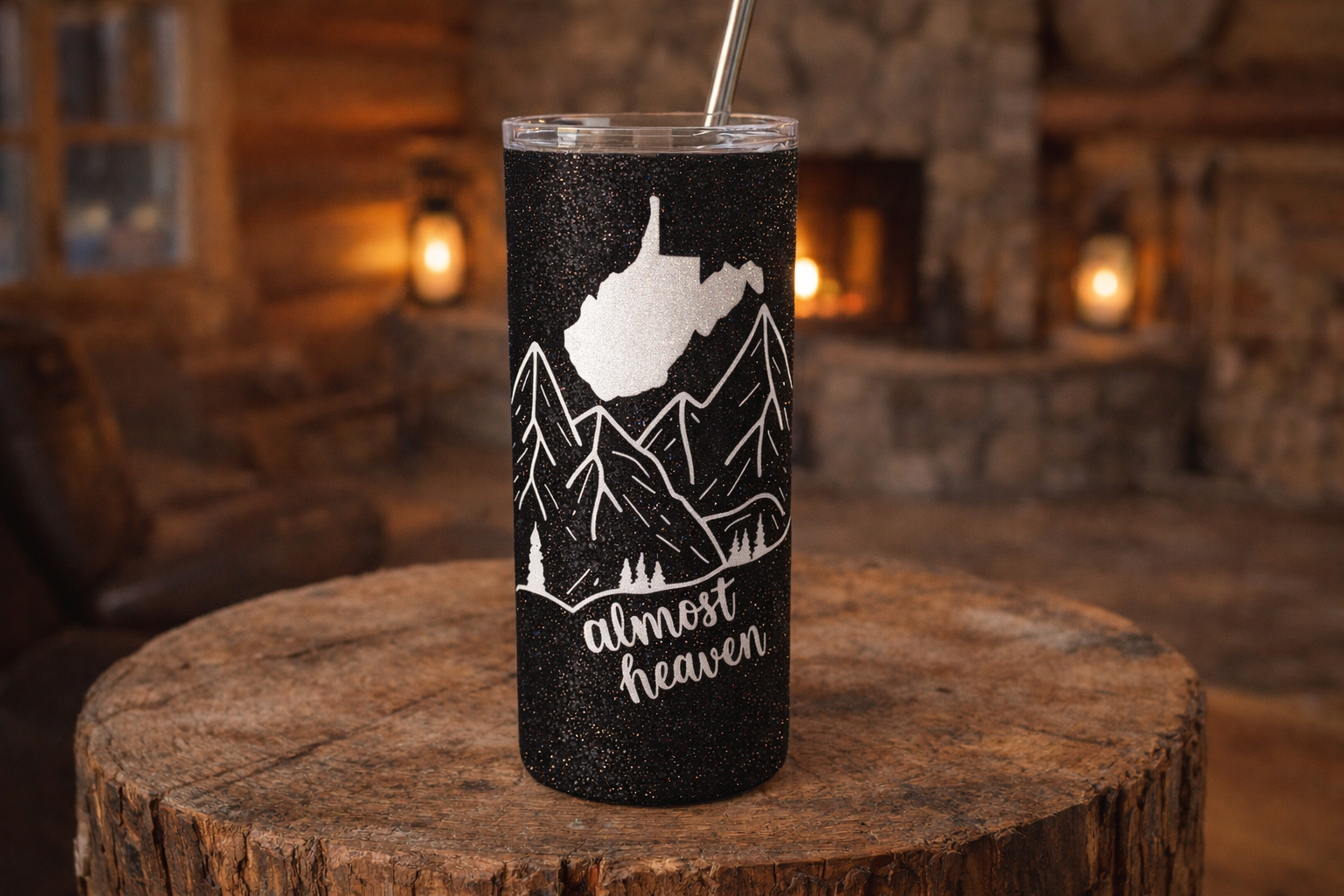 Almost Heaven white on black tumbler.png