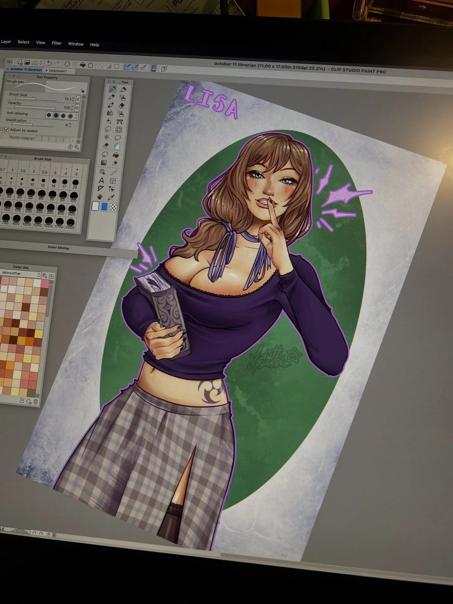 here is my drawing for day 11 of #pinuptober #pinuptober2025 by @deuza_art ! Today&rsquo;s prompt was &ldquo;librarian&rdquo; so i drew Lisa From Genshin Impact! My favorite librarian💜📚