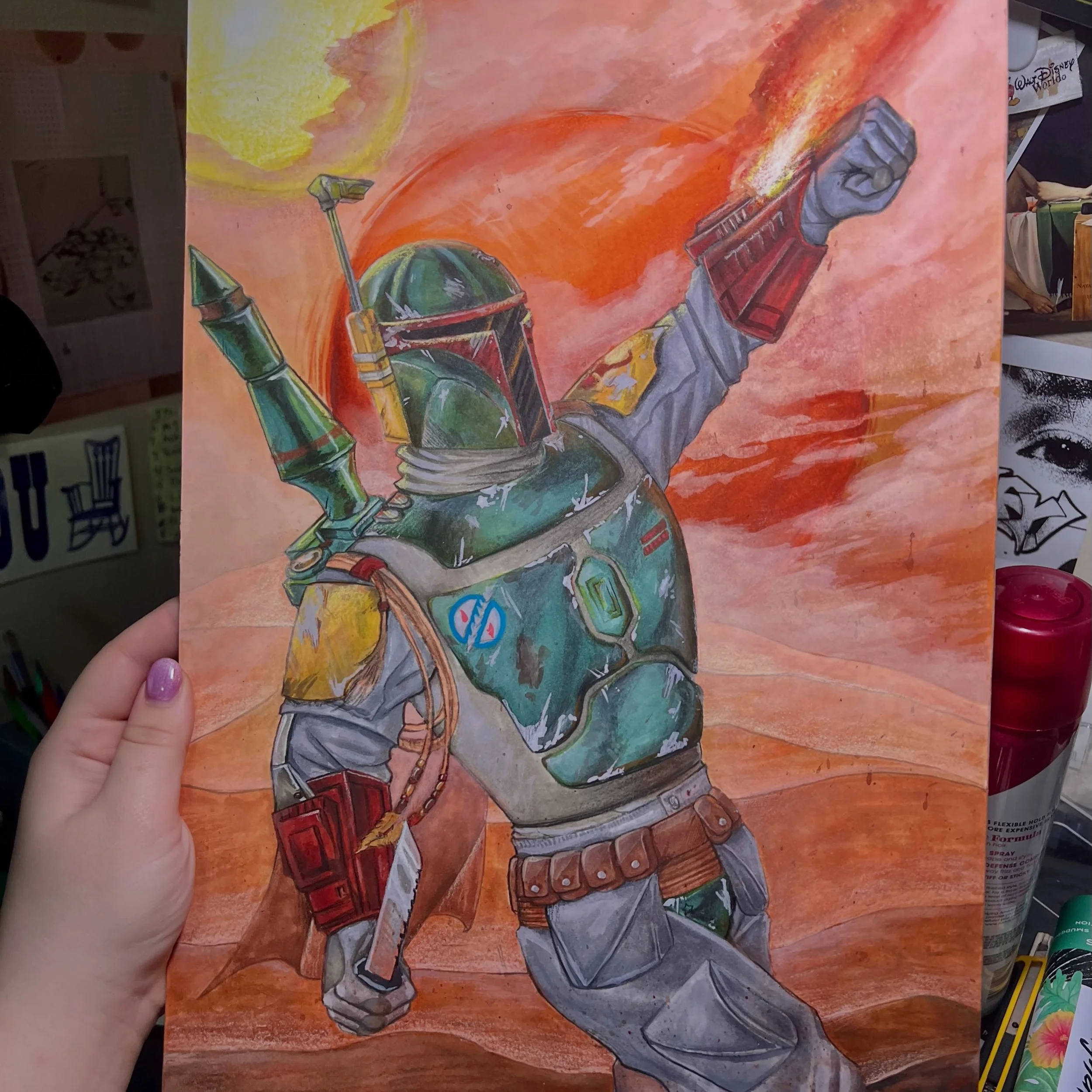 Boba Fett..Boba Fett where? Another traditional commission 11x17 mixed media on Arches cold press.⭐️🔥
.
.
.
#commission #bobafett #mixedmedia #drawing #instaart