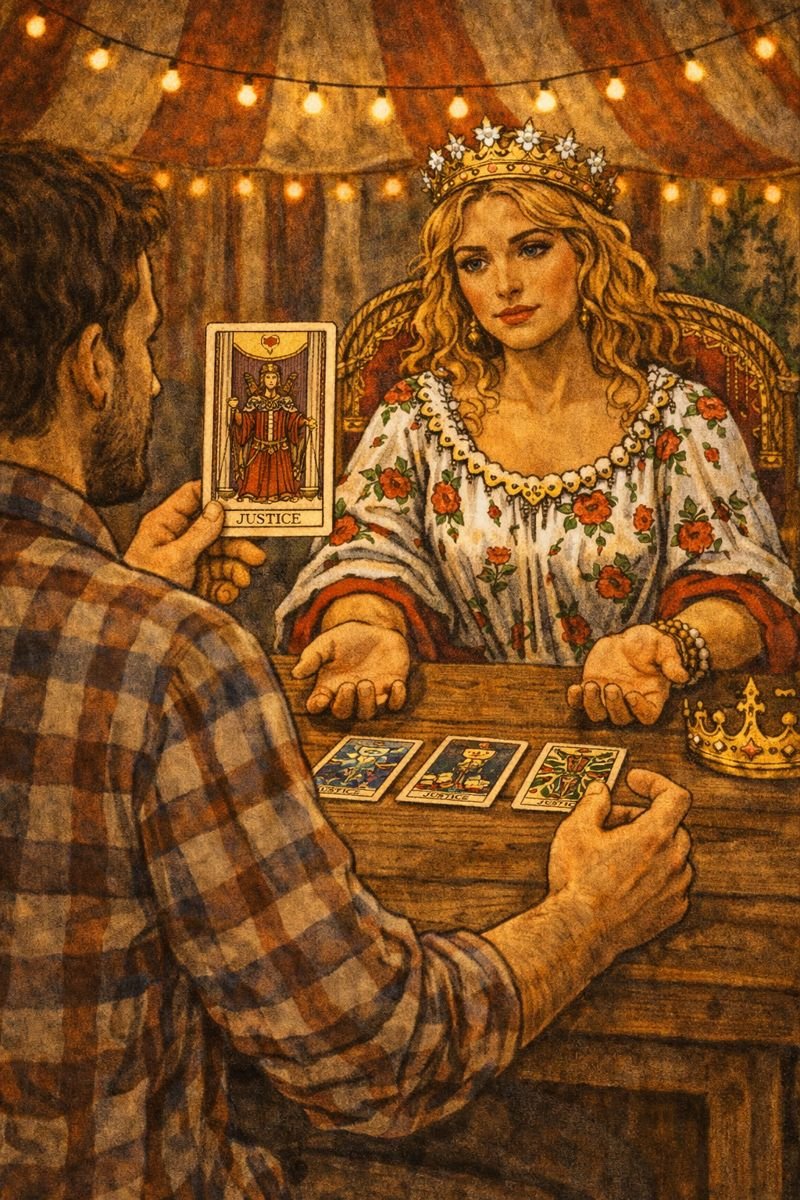A woman with blonde hair wearing a floral dress and a crown, sitting at a table with tarot cards, offering her palm to a man who is holding a justice card, under warm string lighting.