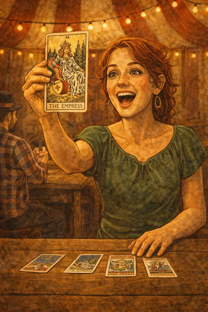 A red-haired woman in a green shirt holding a tarot card labeled 'The Empress' up in a festive setting with string lights. There are four tarot cards on the table in front of her.