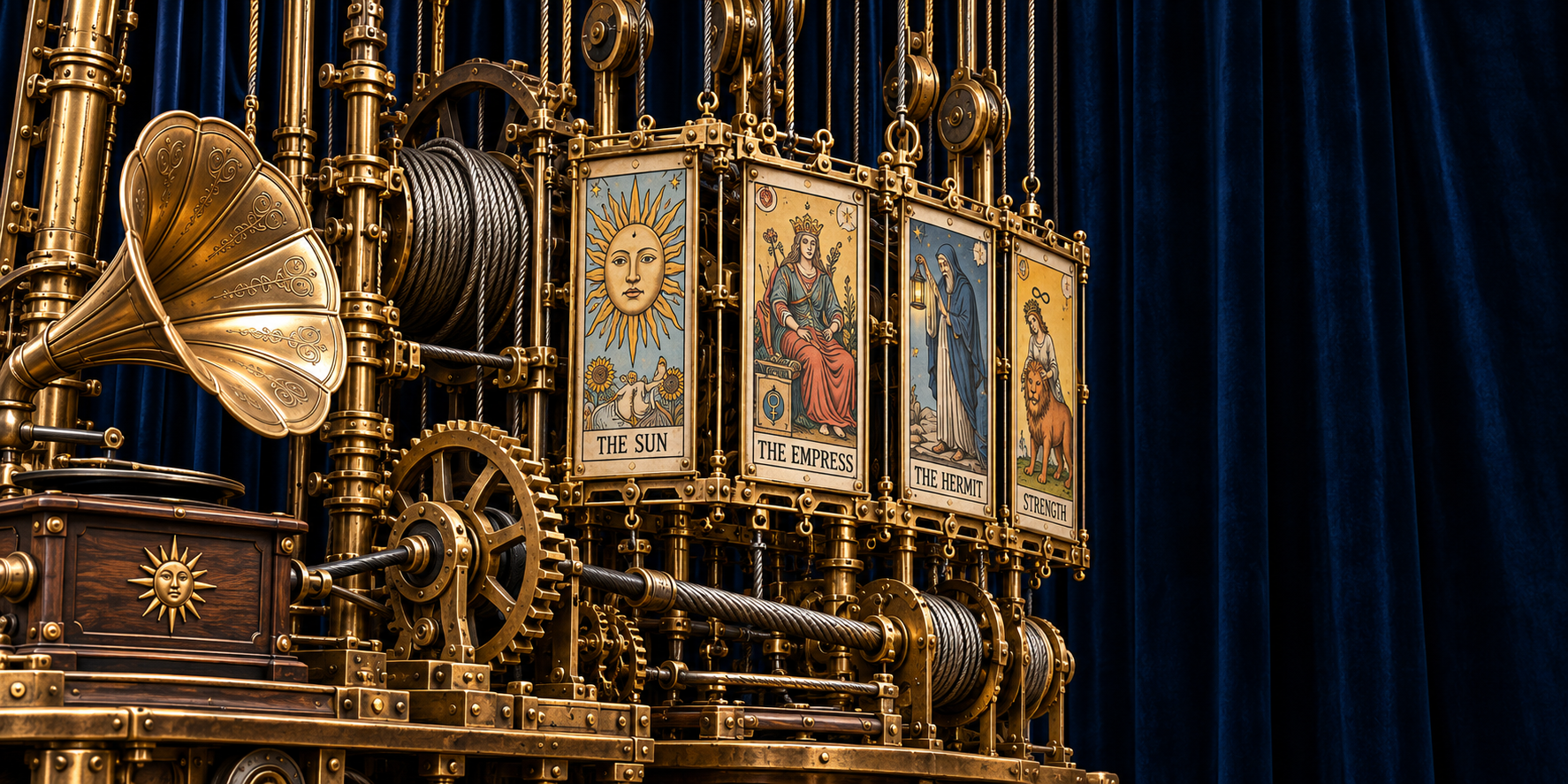 Conceptual backstage apparatus with brass pulleys, tarot archetype panels and a clockwork gramophone; not the workshop venue.