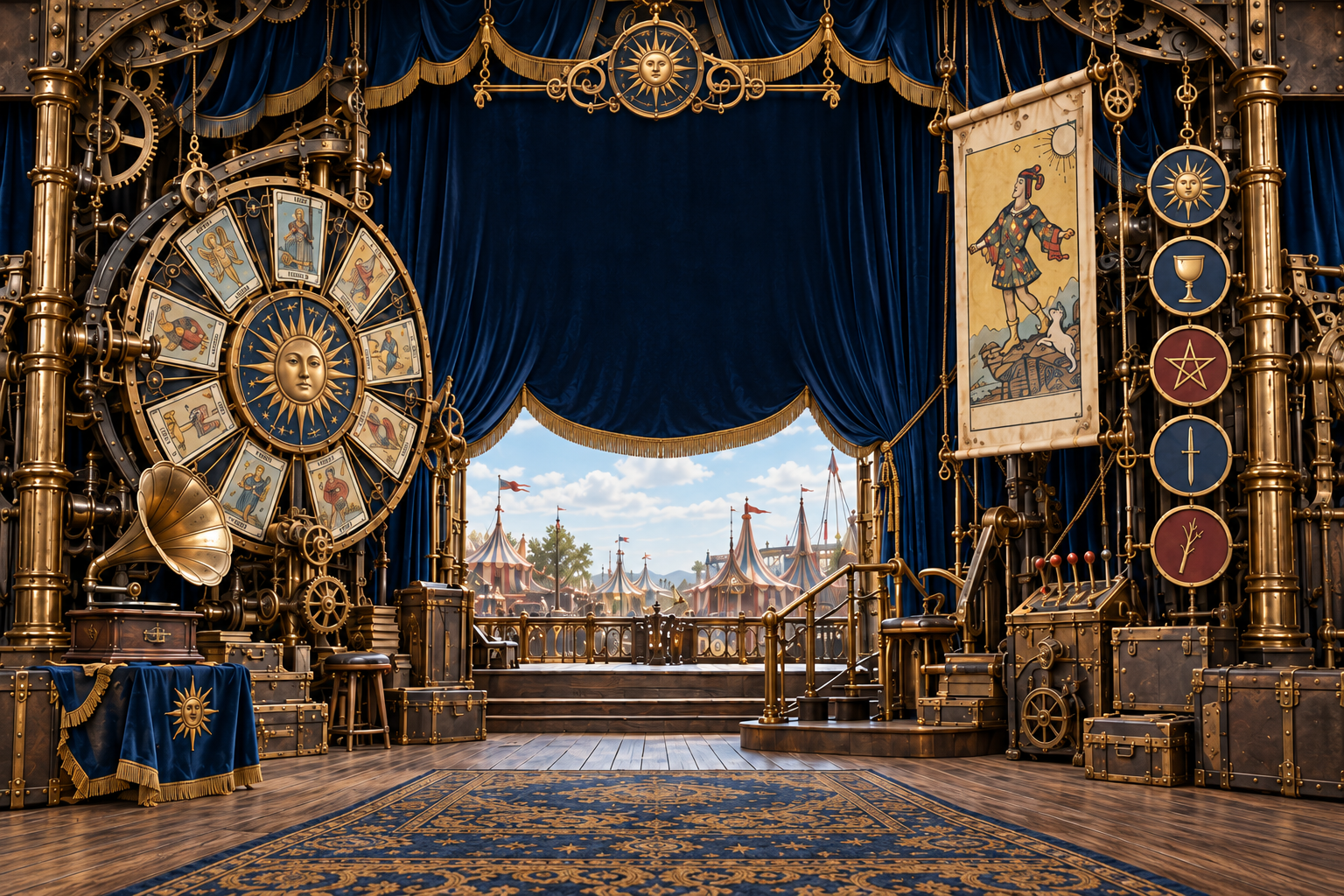 Conceptual navy velvet tarot theatre with antique brass machinery, a clockwork tarot wheel and gramophone.