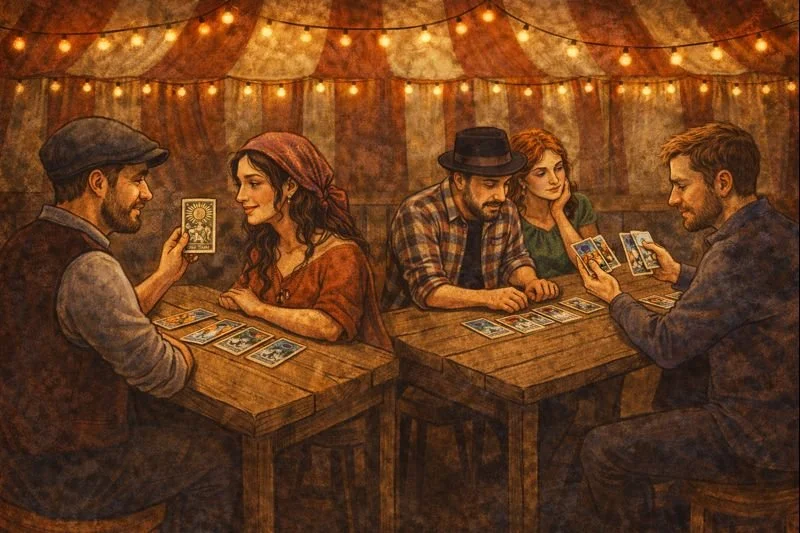Four friends playing tarot cards and exchange photos at a cozy, warmly lit indoor space decorated with string lights.