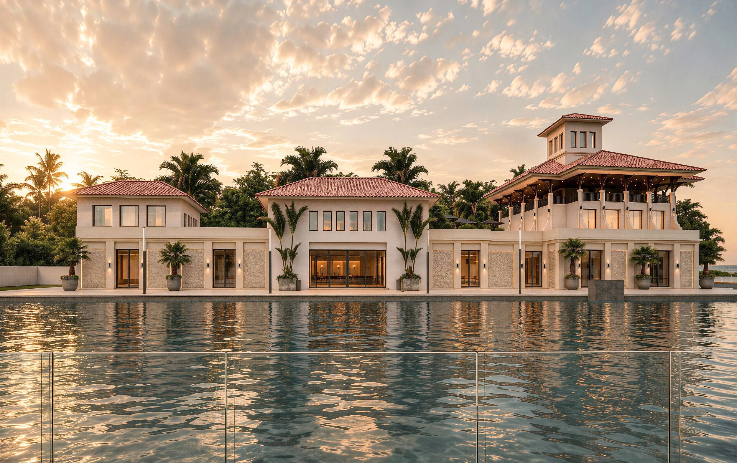 Vista frontal de un edificio moderno y elegante junto a un cuerpo de agua, con palmeras y un cielo al atardecer con nubes dispersas.