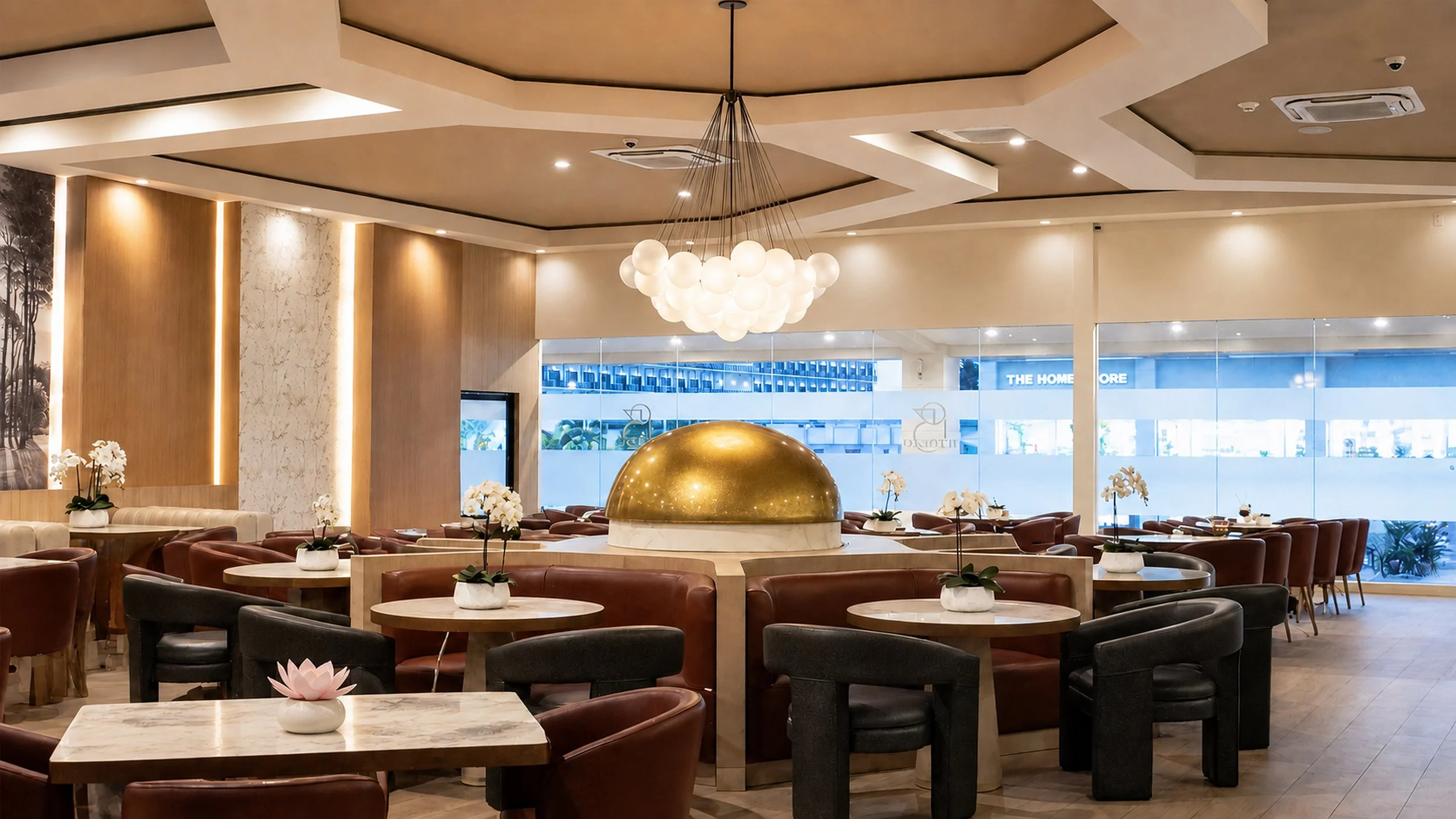 Interior de hotel con mesas, sillas y decoración moderna, incluyendo una estructura dorada y lámparas blancas suspendidas.