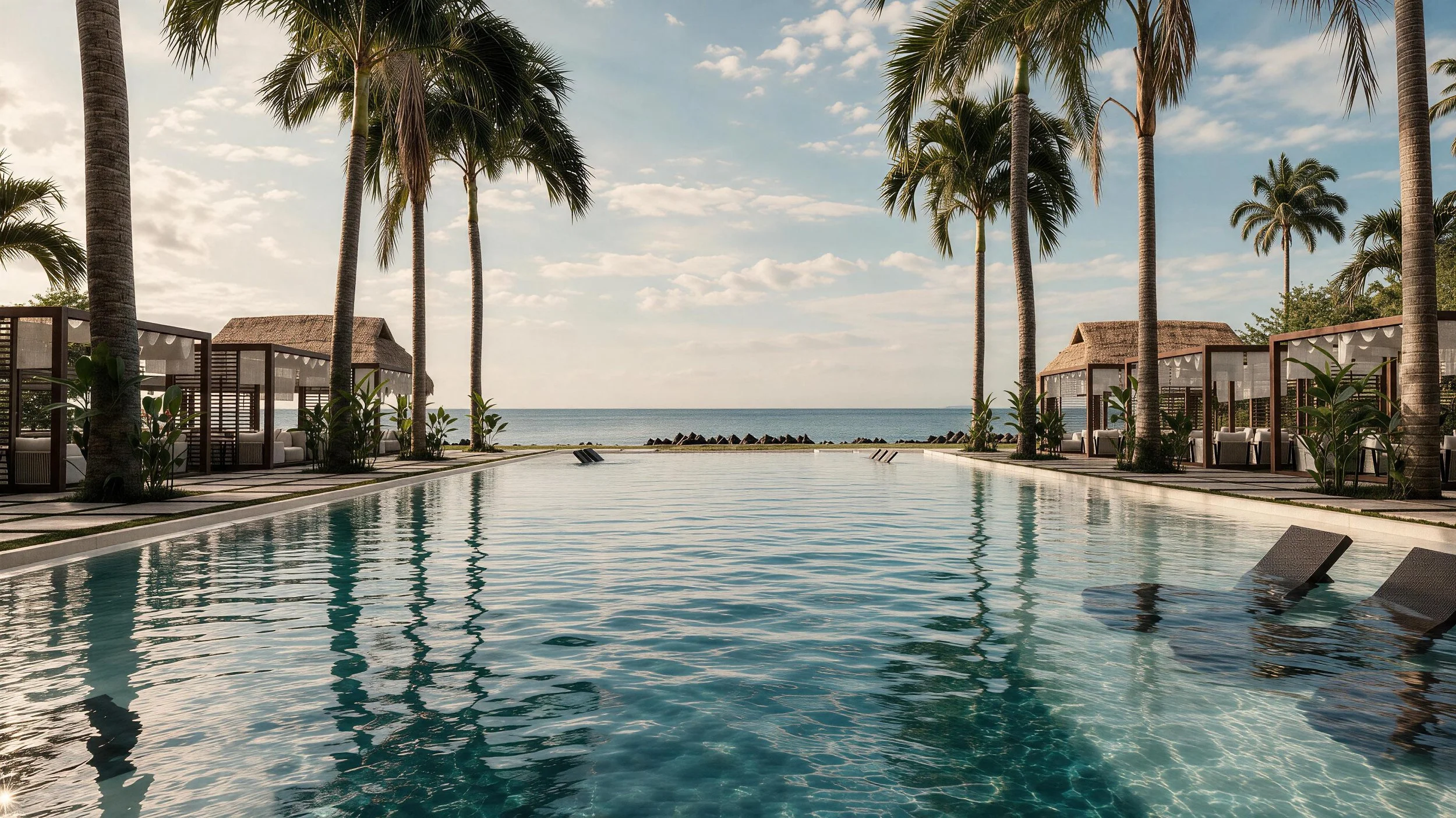Piscina al aire libre con sombrillas y cabañas de playa frente al mar, palmeras y cielo parcialmente nublado en un destino turístico de playa.