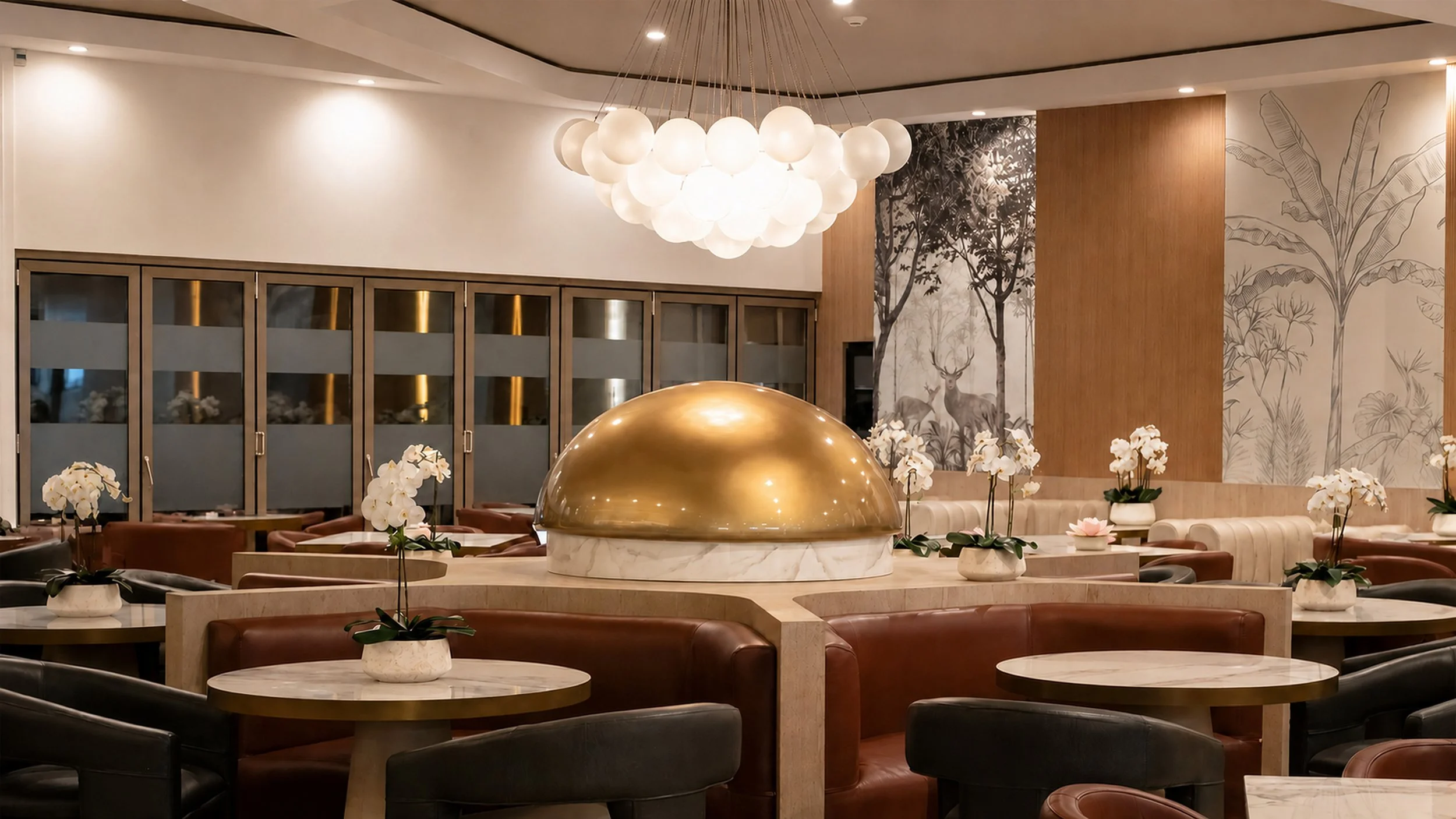 Interior elegante de un restaurante o hotel con mesa de mármol, adornada con platos con flores de orquídea.
