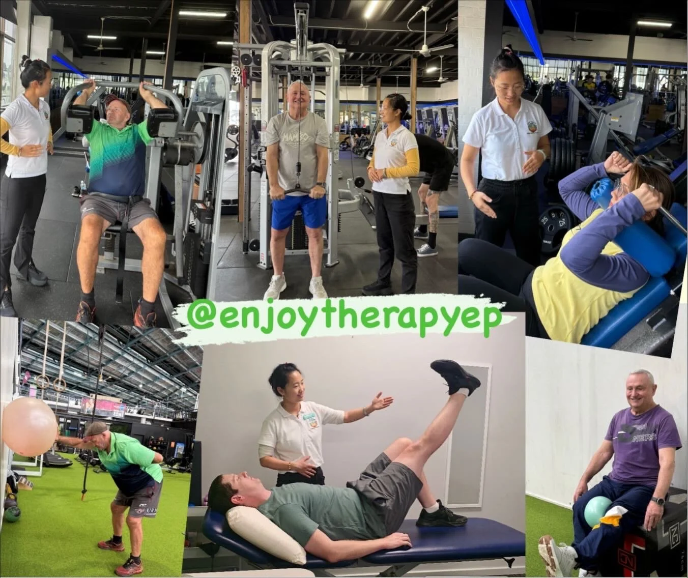 People working out and receiving physical therapy in various gym settings.