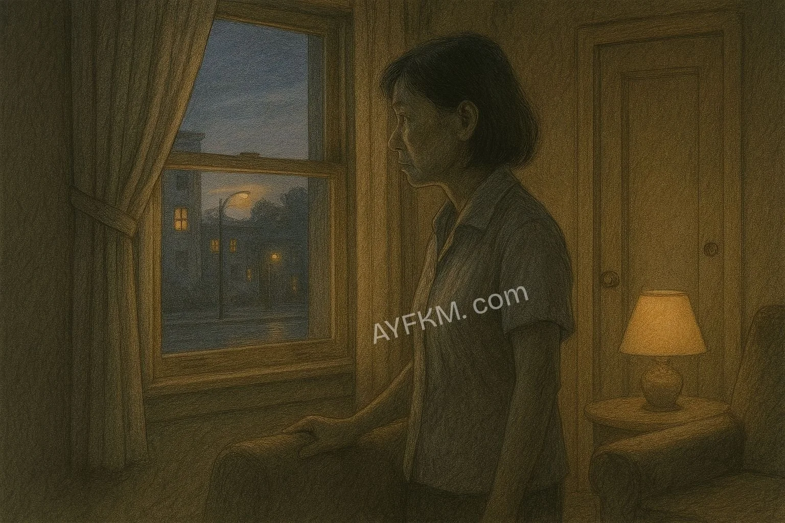 AI image of Mrs Li (mother) waits by window at dusk, hoping missing daughter Jie Zhao Li will return.