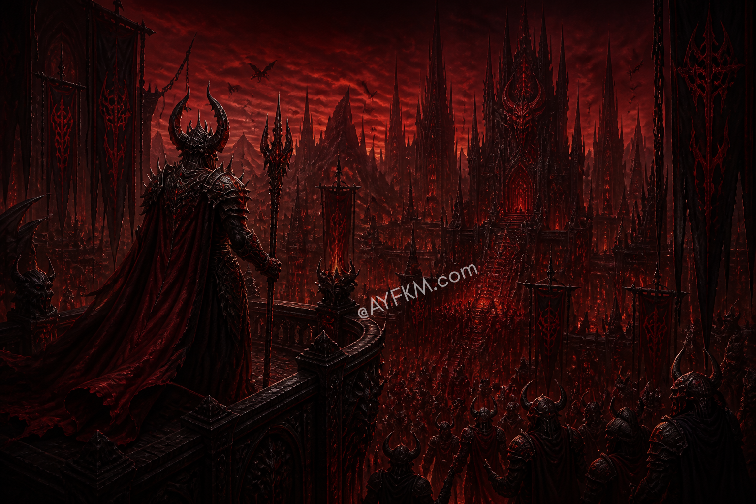 Infernal prince overlooking the infernal realm from a fortified balcony