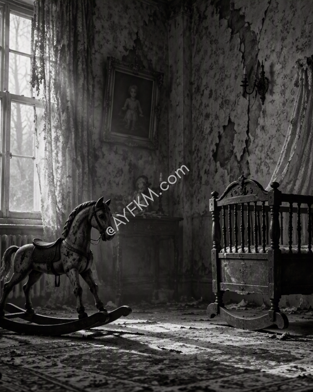 An abandoned nursery reflects the novel's haunting atmosphere, where loss, memory, and the lingering presence of the past cast a shadow over every corner of Eel Marsh House.