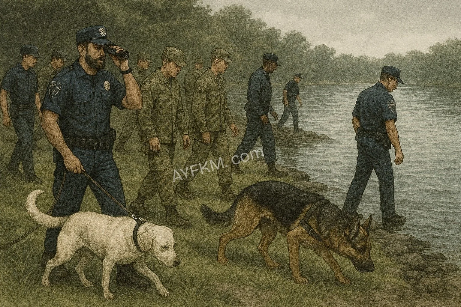 AI generated image of Police and military search riverbank with cadaver dogs for missing girl Jie Zhao Li