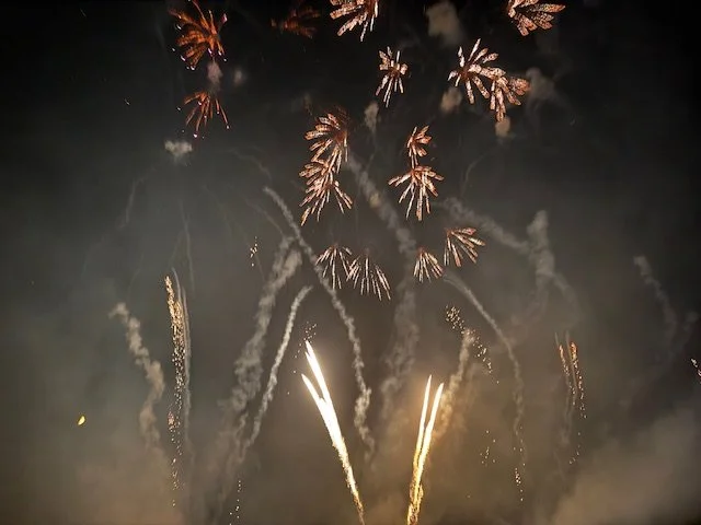 Fireworks exploding in the night sky with colorful bursts and streaks of light.