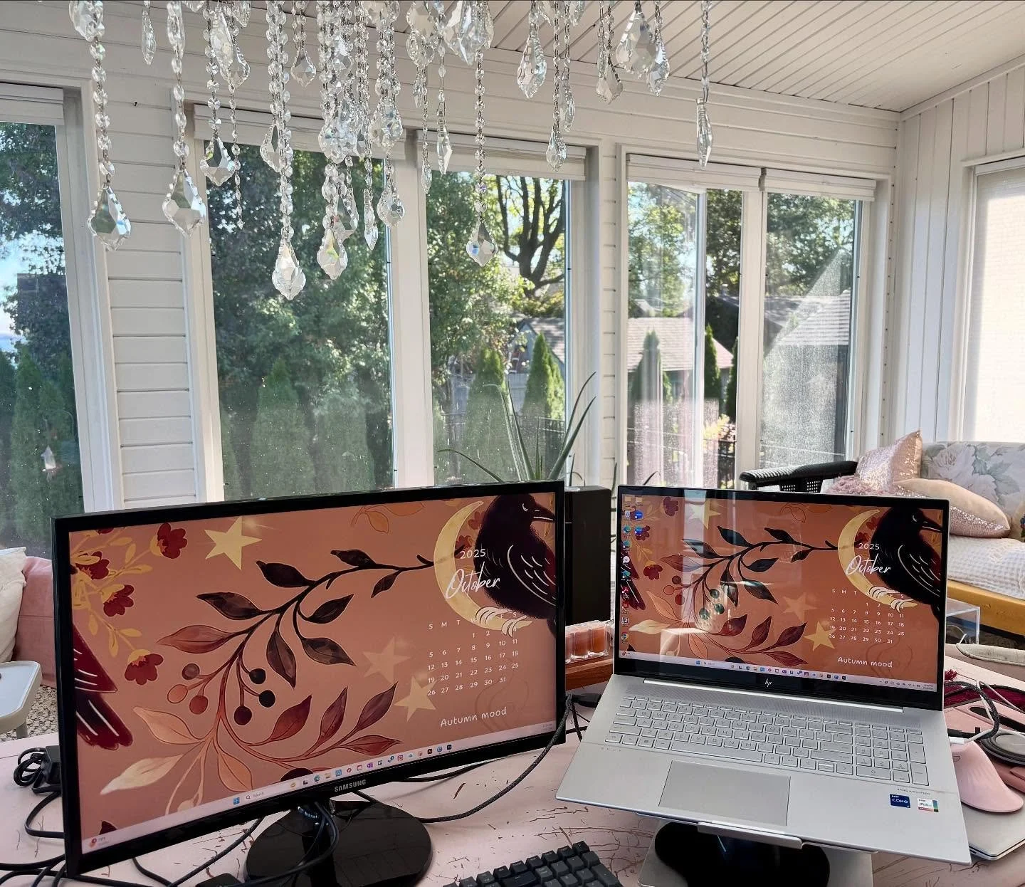 NEW FREEBIE ✨
October deserves a little extra magic &mdash; so I created a hand-illustrated Autumn Mood wallpaper for you 🍁

Bring the coziness of falling leaves, stars, and crows to your desktop or phone. When you download, you&rsquo;ll also receiv