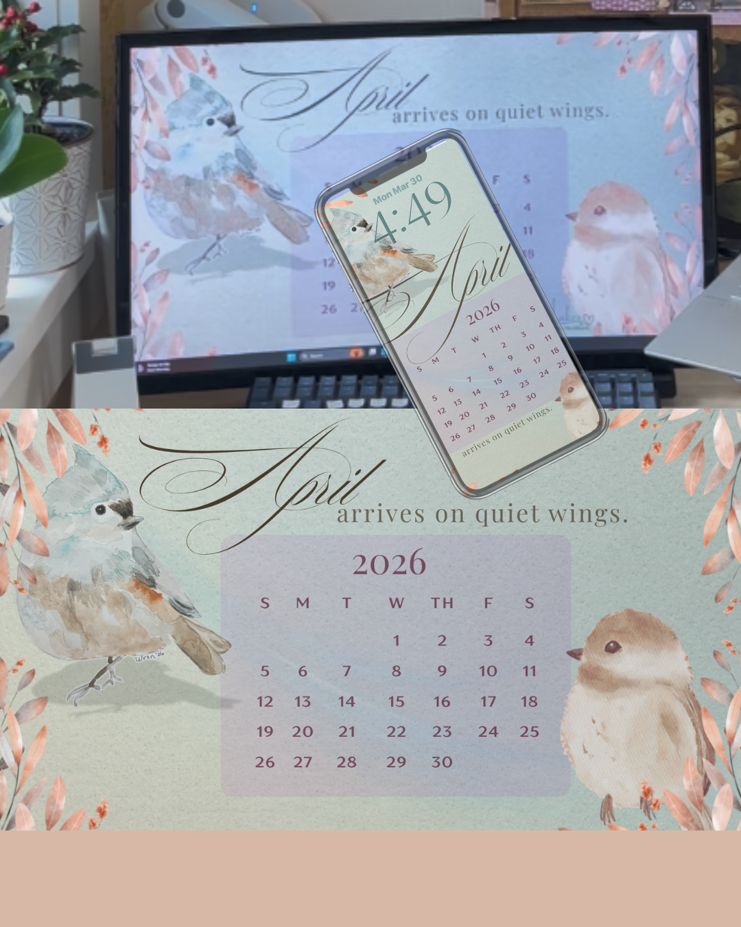 A watercolor bird surface pattern design styled as an April calendar on desktop and phone, featuring soft seasonal illustration and gentle storytelling.