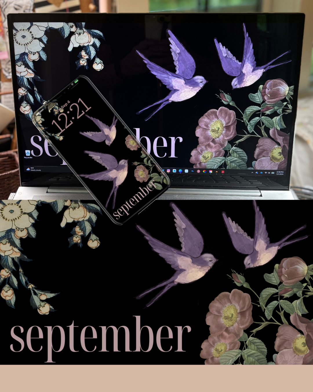 September wallpaper featuring hand-drawn purple swallows from the Swallow Song pattern, dusky pink wild roses, and soft vintage florals on a black background.