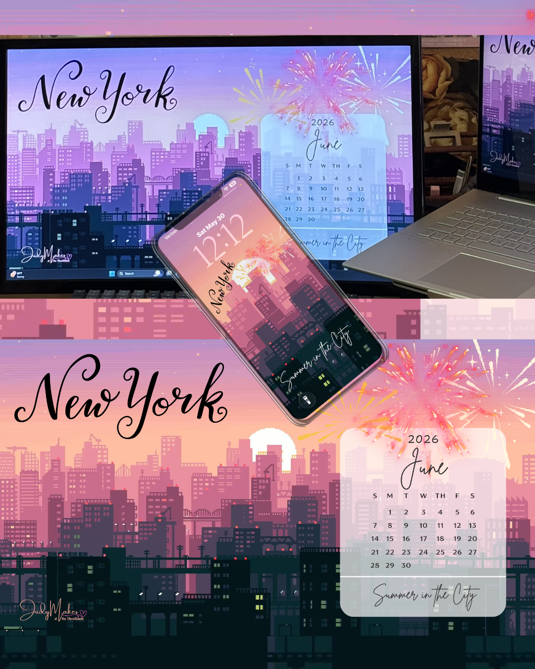 June phone wallpaper featuring a pink and purple city skyline at sunset and the words "Summer in the City"