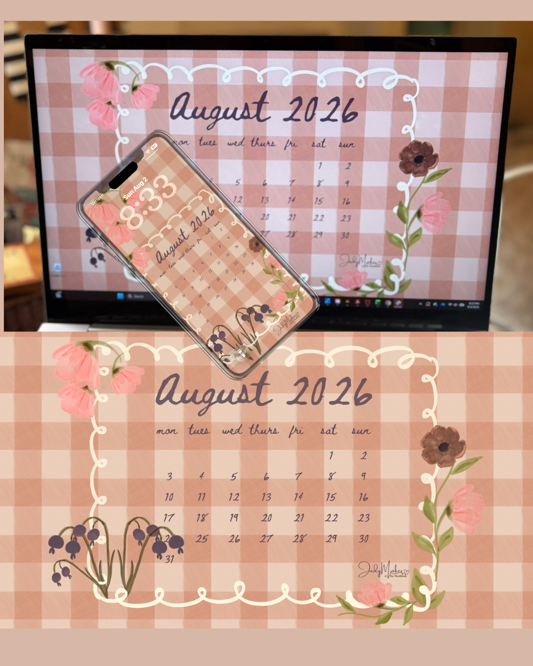 Free August 2026 desktop calendar wallpaper featuring a peach gingham background, hand-painted cottage garden flowers, and a vintage-inspired floral design by JudyMakes