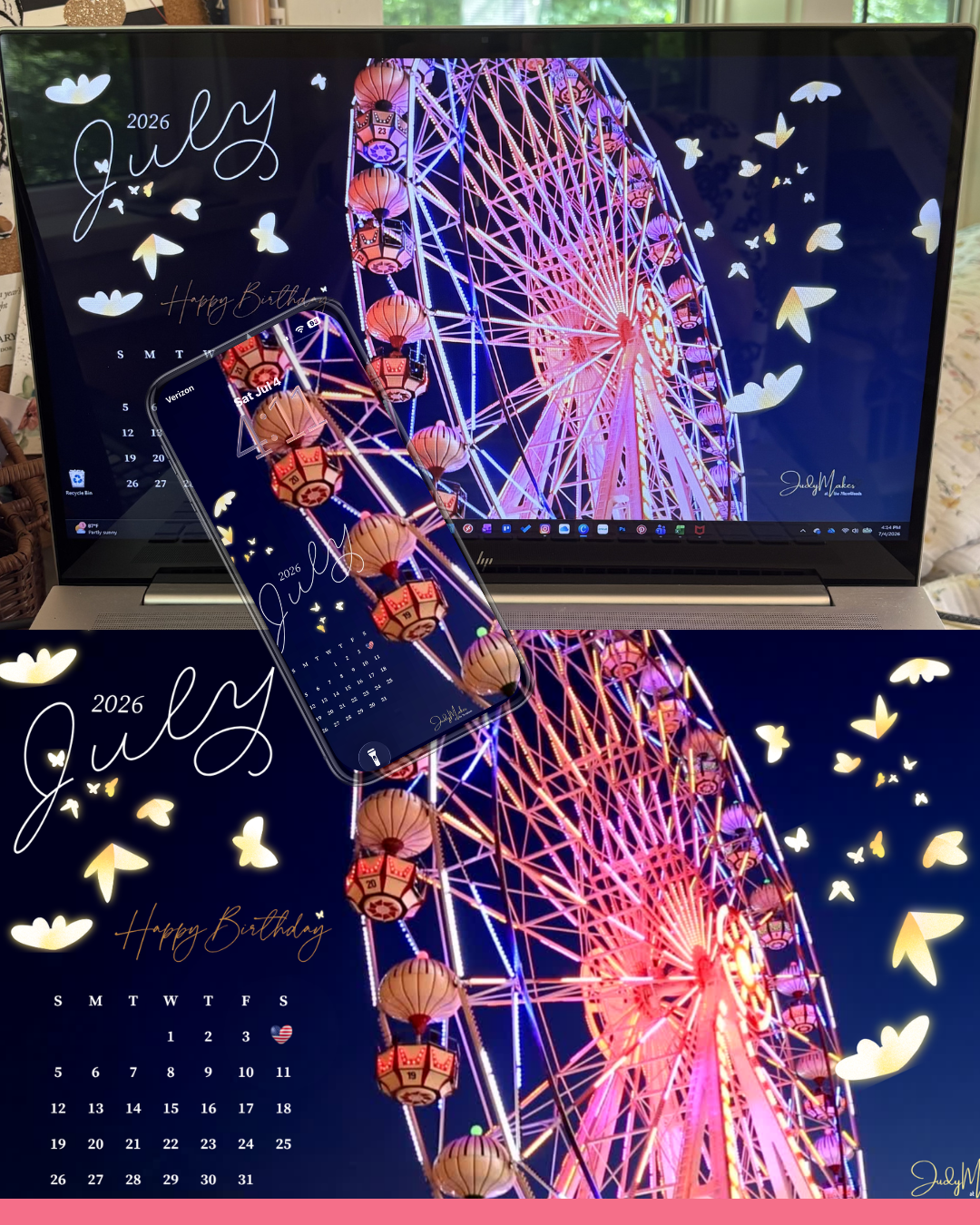 Free July 2026 calendar wallpaper for desktop and phone featuring a colorful Ferris wheel, glowing fireflies, and a summer night theme.
