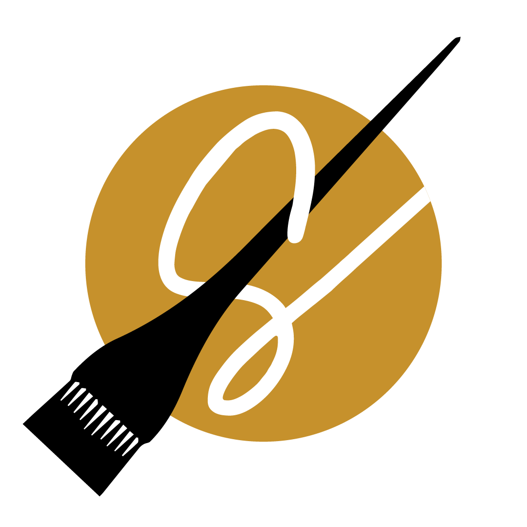 Gold circle icon with hair dye brush and "S" intertwined