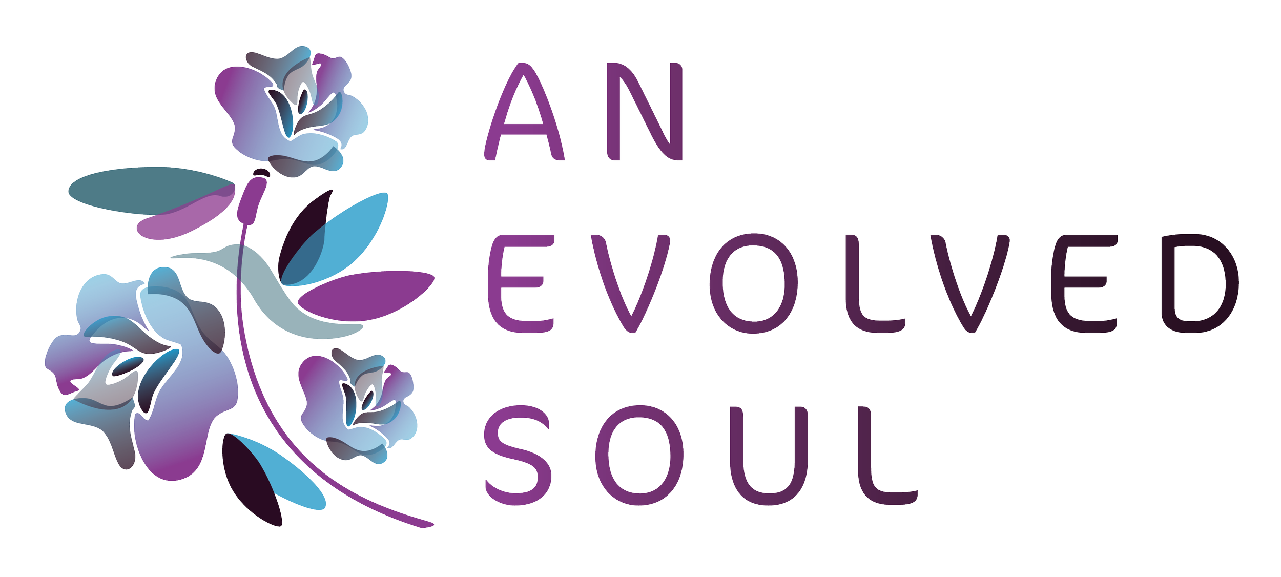 Text saying 'An Evolved Soul' with purple and blue floral designs on a white background.
