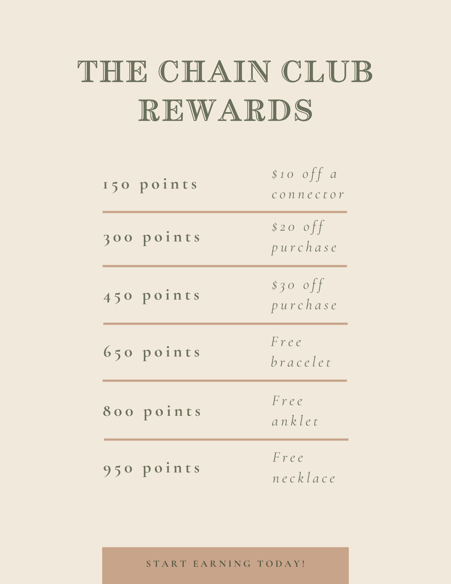 Graphic displaying the Chain Club Rewards with points redeemable for discounts and free jewelry, including a free bracelet, anklet, and necklace, with a start earning message at the bottom.
