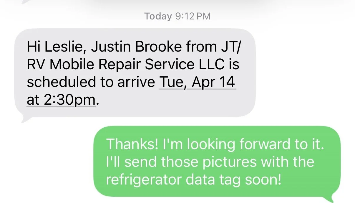 JT/RV Mobile Repair service confirms the RV repair appointment through text messaging