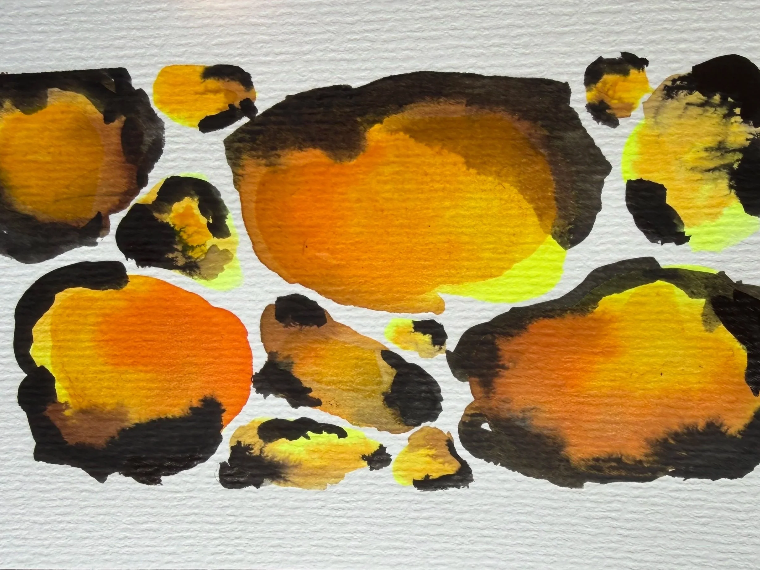 Watercolor painting of abstract orange and yellow leopard spots with black accents on textured paper.