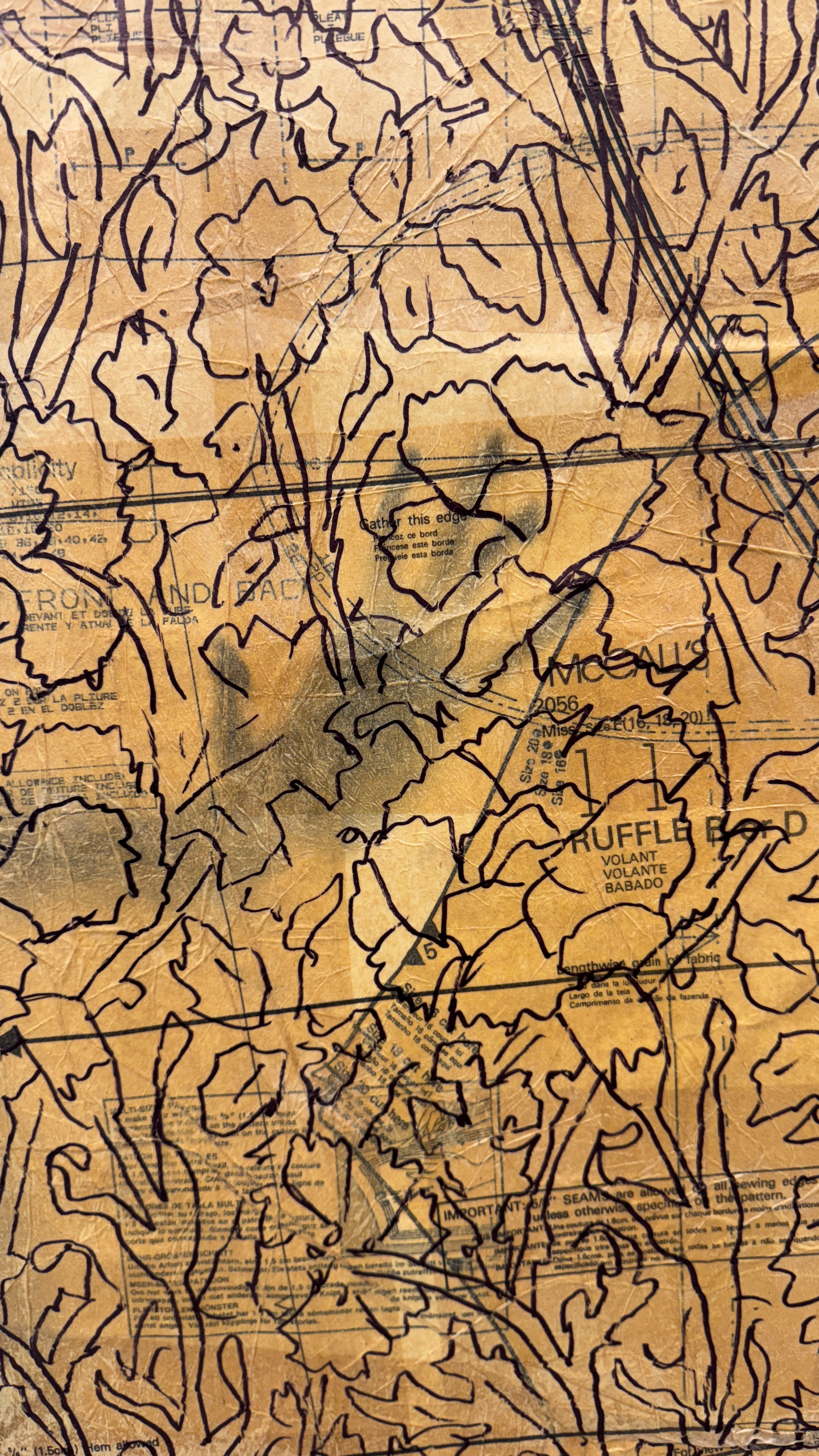 Autumn Wittebort, Domestic Patterns, charcoal, sewing patterns, and sharpie, 2025