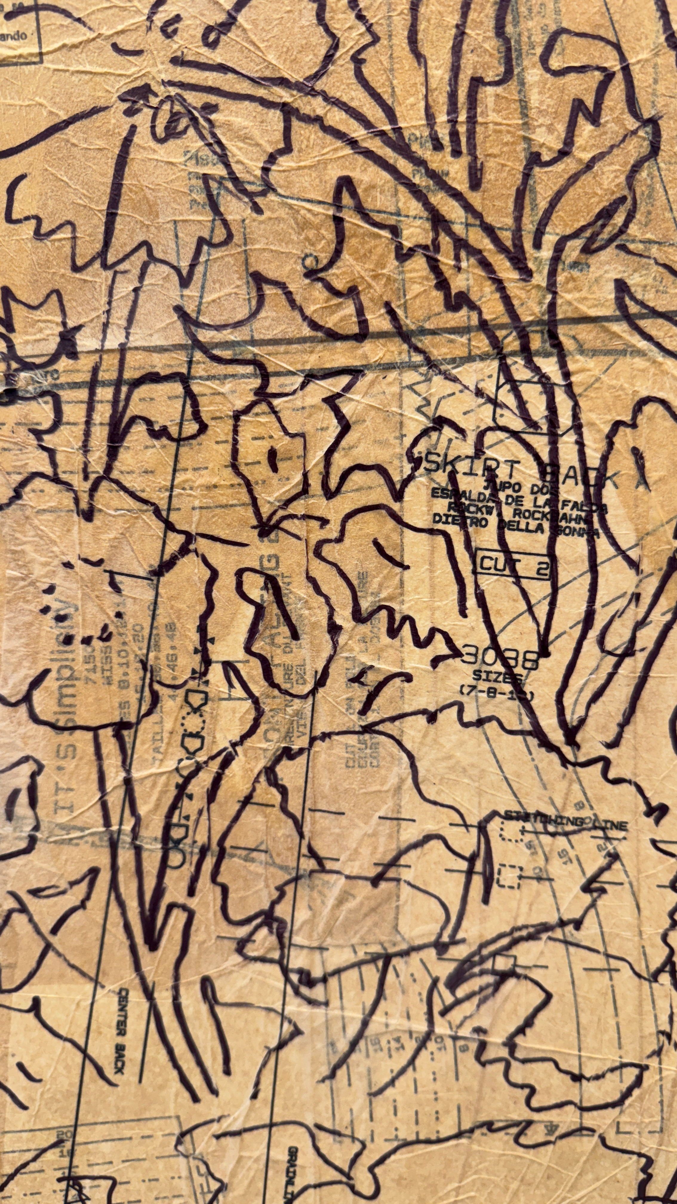 Autumn Wittebort, Domestic Patterns, charcoal, sewing patterns, and sharpie, 2025