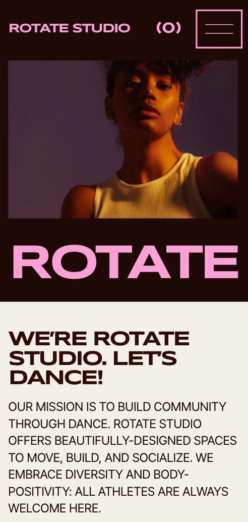 A promotional poster for Rotate Studio, featuring a woman with short curly hair wearing a sleeveless top, set against a dark background with pink and white text about dance and community building.