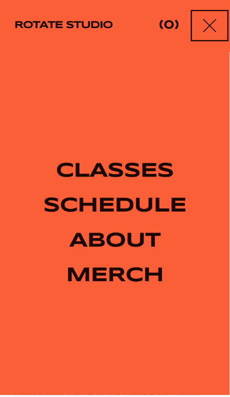 Mobile app screen with orange background displaying menu options for 'Classes', 'Schedule', 'About', and 'Merch' in black bold text at the center. Top includes 'Rotate Studio' branding, a close button, and a menu icon.