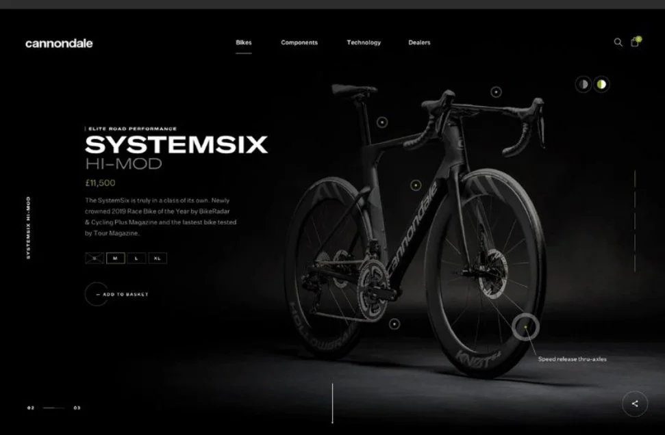 Dark background of a website featuring a Cannondale high-performance road bicycle, specifically the System Six HI-MOD model priced at 11,500 pounds, with navigation menu options for Bikes, Components, Technology, and Dealers.