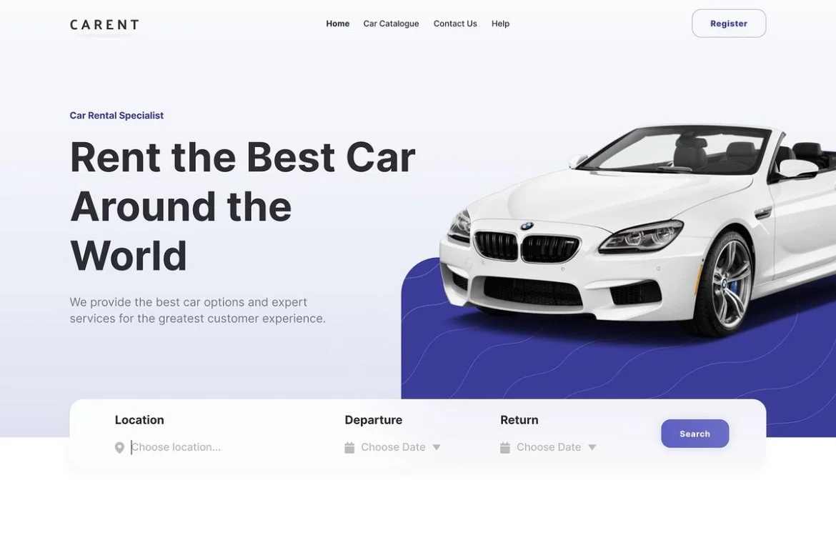 Homepage of a car rental website showing a white convertible BMW car, with navigation links for Home, Car Catalogue, Contact Us, Help, and a Register button. The main text advertises renting the best cars around the world and includes search options 