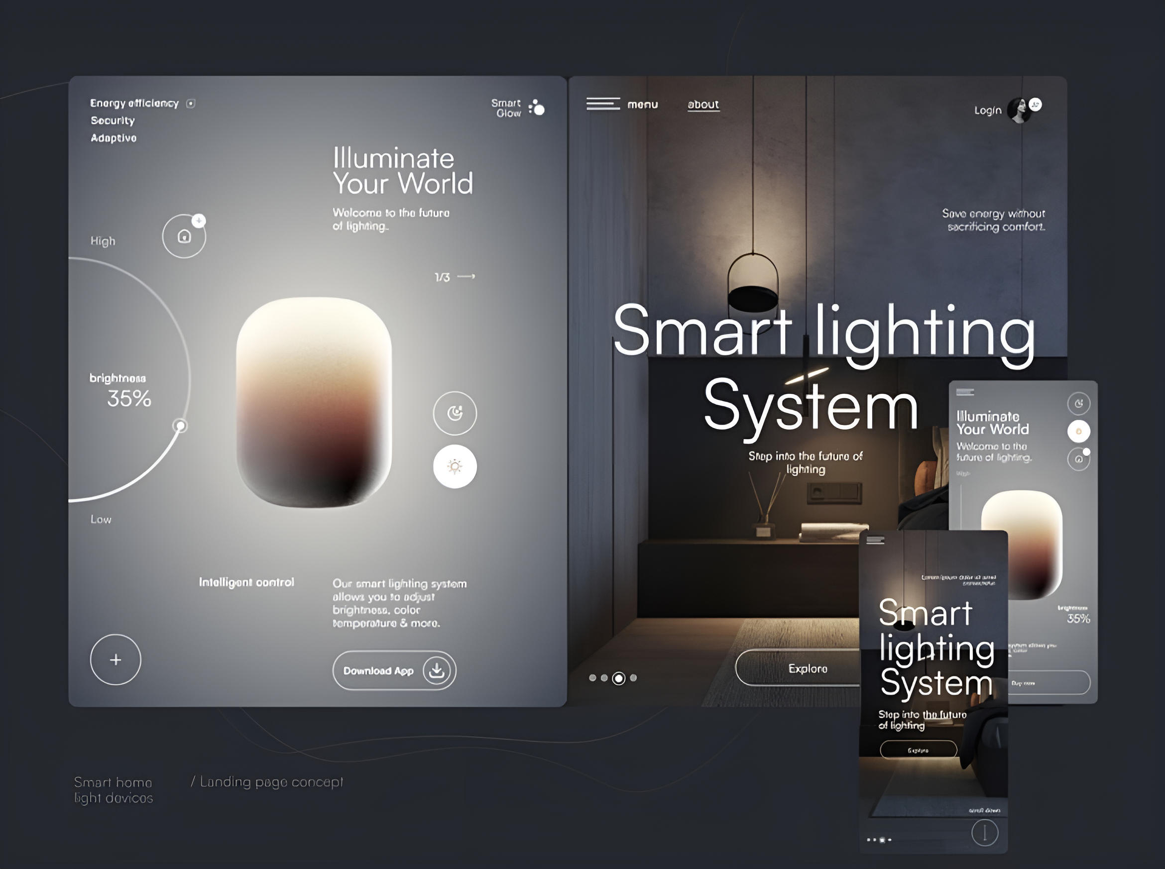 A digital mockup of a smart lighting system interface on a screen, showing options for brightness and control, with blurred indoor lighting in the background.